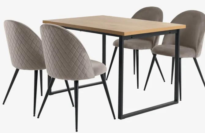 AABENRAA L120 bord eg + 4 KOKKEDAL stole grå velour