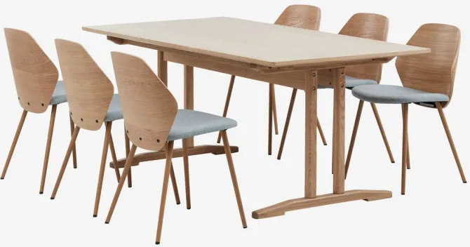 AALBORG L180/270 bord eg + 4 HORNE stole lysegrå