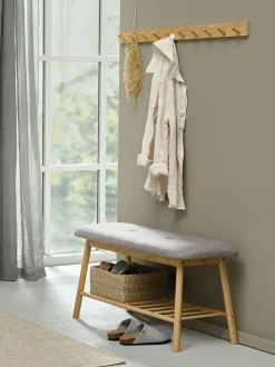 Bænk VANDSTED m/hylde gråt stof/bambus