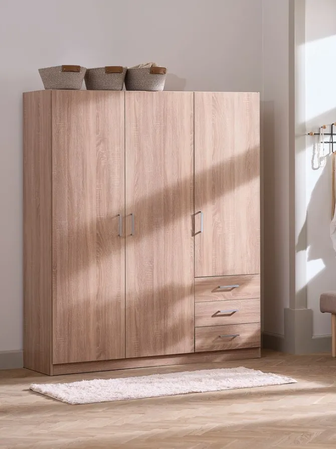 Garderobeskab FANDRUP 145x176 3 låger 3 skuffer lys egefarve