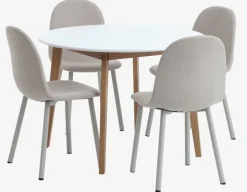 JEGIND Ø105 bord hvid + 4 EJSTRUP stole beige
