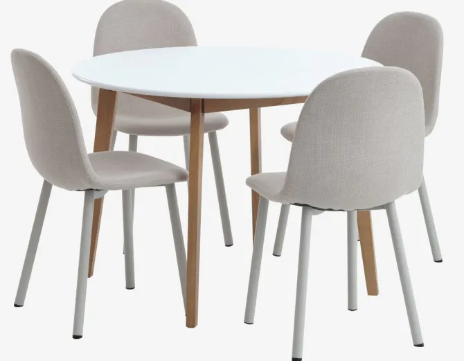 JEGIND Ø105 bord hvid + 4 EJSTRUP stole beige