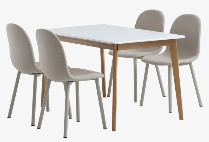 JEGIND L130 bord hvid + 4 EJSTRUP stole beige