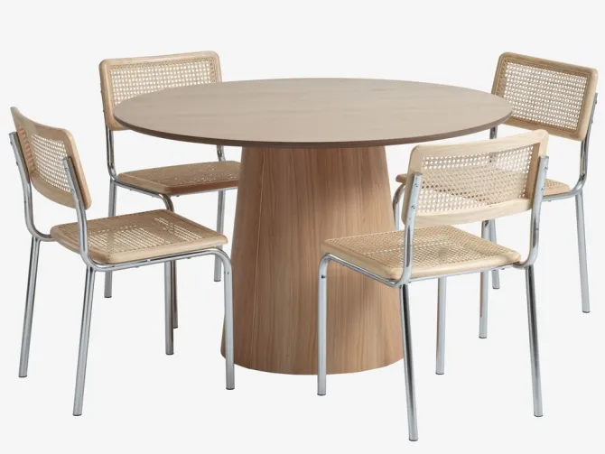 KLIPLEV Ø120 bord eg + 4 HASSING stole rattan