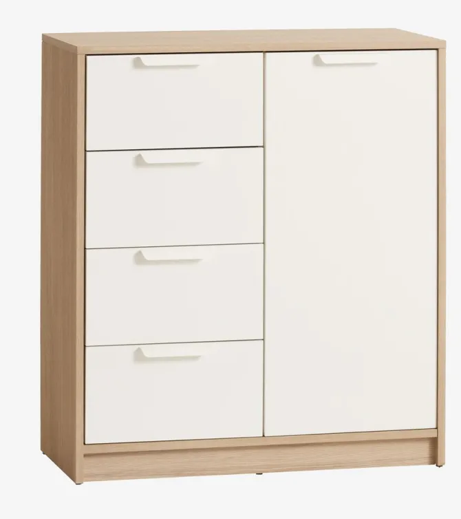 Kommode JENSLEV 4 skuffer 1 låge eg/hvid