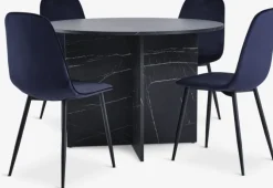 KRONDAL Ø110 bord marmor + 4 BISTRUP mørkeblå velour