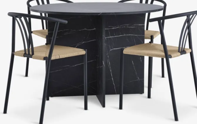 KRONDAL Ø110 bord marmor + 4 JYDERUP sort/natur