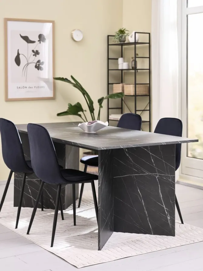 KRONDAL L180 bord marmor + 4 BISTRUP mørkeblå velour