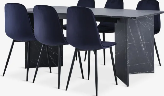 KRONDAL L180 bord marmor + 4 BISTRUP mørkeblå velour