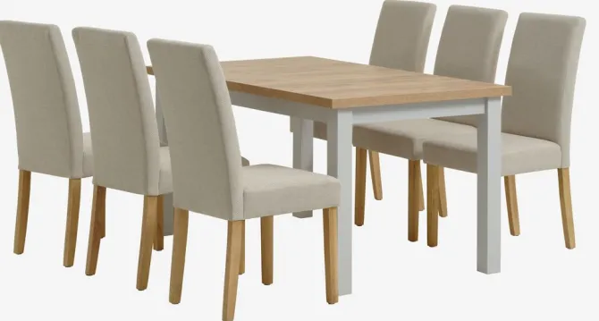 MARKSKEL L150/193 bord lys grå + 4 TUREBY stole beige