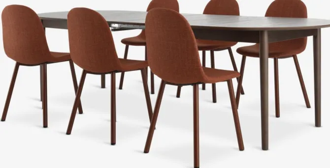 MARSTRAND L200/280 bord mørk eg + 4 EJSTRUP stole terrakotta