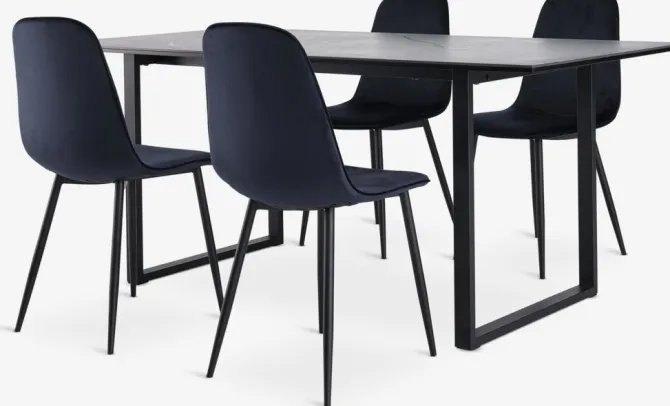 MOSELUND bord L180 keramik + 4 BISTRUP stole mørkeblå velour