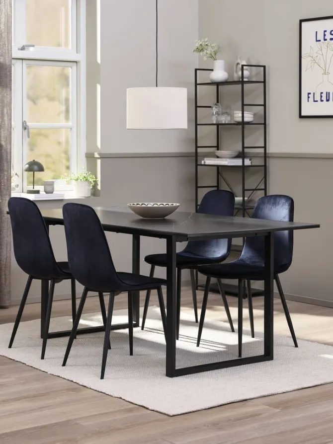 MOSELUND bord L180 keramik + 4 BISTRUP stole mørkeblå velour