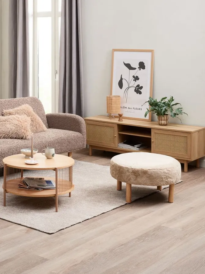 Puf RAMSDAL Ø70 beige teddy/egefarve