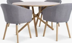 SKIBET Ø120 bord lys eg + 4 KLOSTER stole lysegrå/eg