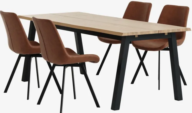 SKOVLUNDE L200 bord eg natur + 4 HYGUM stole cognac