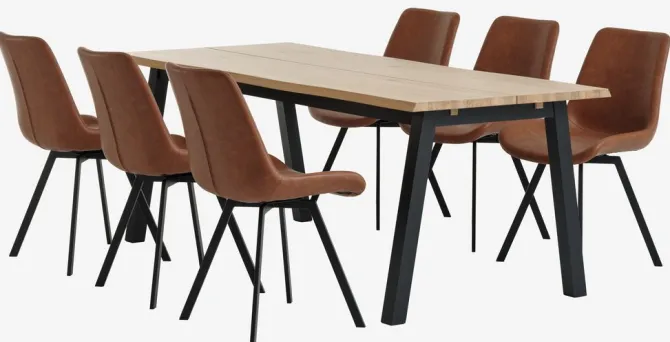 SKOVLUNDE L200 bord eg natur + 4 HYGUM stole cognac