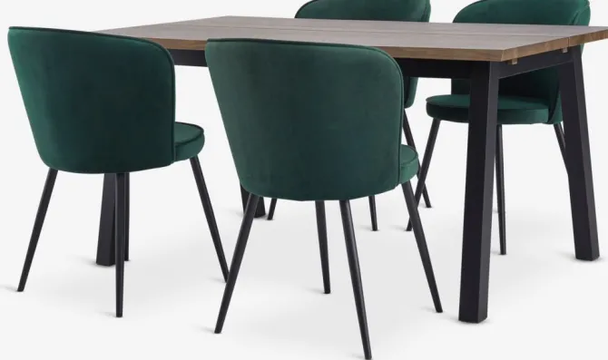 SKOVLUNDE L160 bord mørk eg + 4 RISSKOV stole mørkegrøn