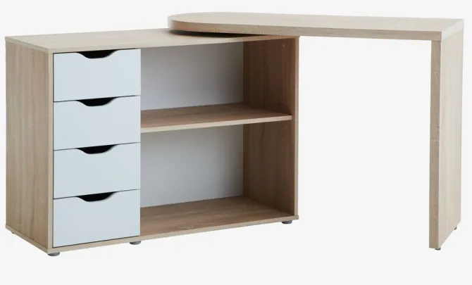 Skrivebord LANGAGER 41-107x107-165 lys eg farve/hvid