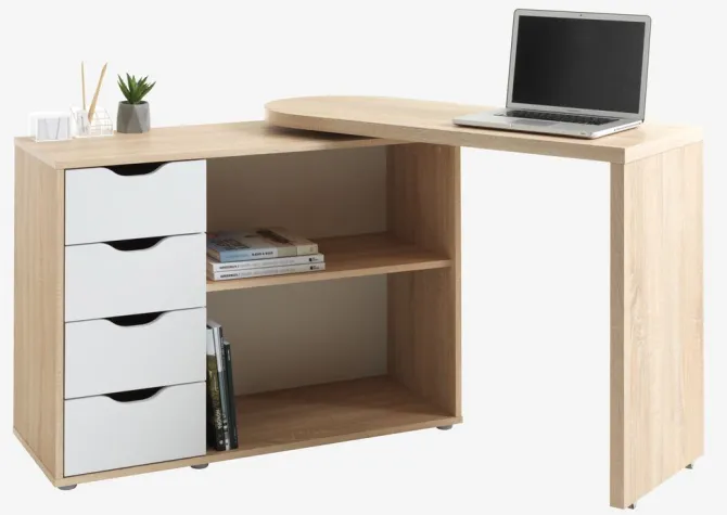 Skrivebord LANGAGER 41-107x107-165 lys eg farve/hvid