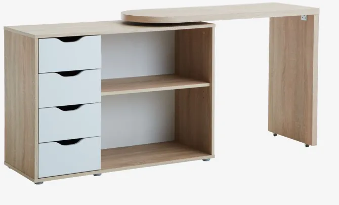 Skrivebord LANGAGER 41-107x107-165 lys eg farve/hvid