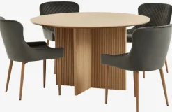 VESTERBORG Ø130 bord eg + 4 PEBRINGE stole grå velour