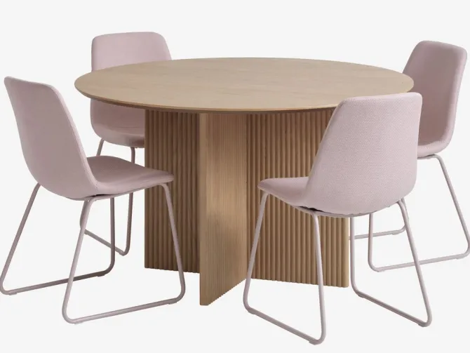 VESTERBORG Ø130 bord eg + 4 SEJLSTRUP stole lys rosa