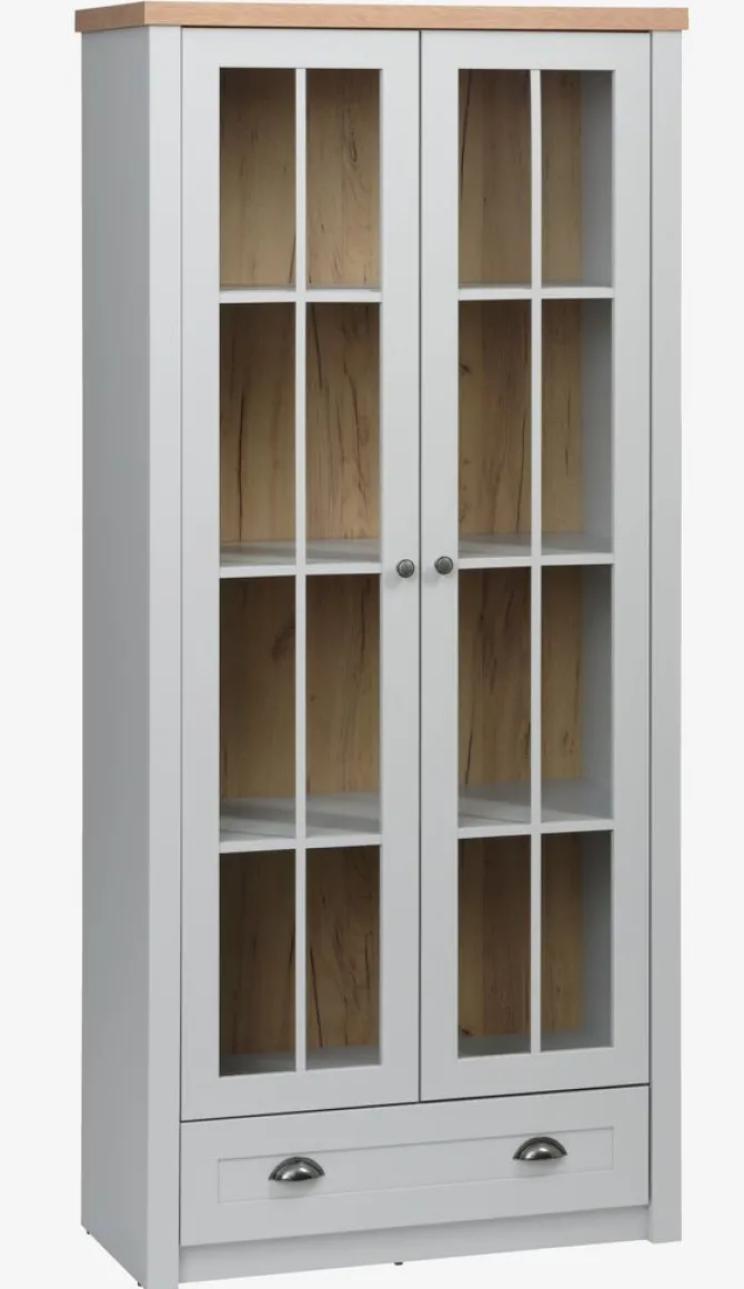 Vitrineskab MARKSKEL 2 låger lys grå/egefarve